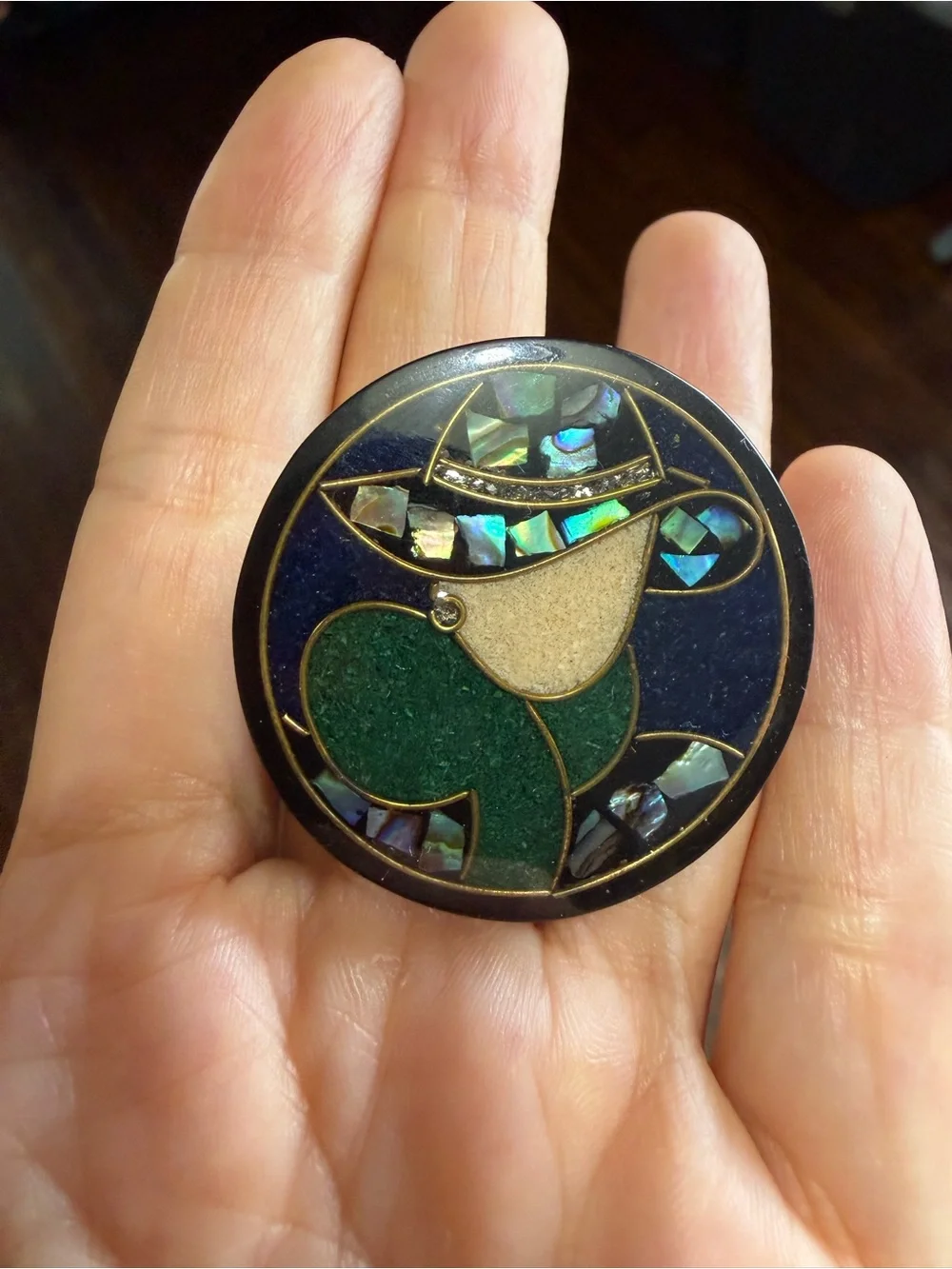 VTG Lee Sands Mosaic Inlay Lady in Hat Brooch Abalone Shell Art Deco Style Pin
